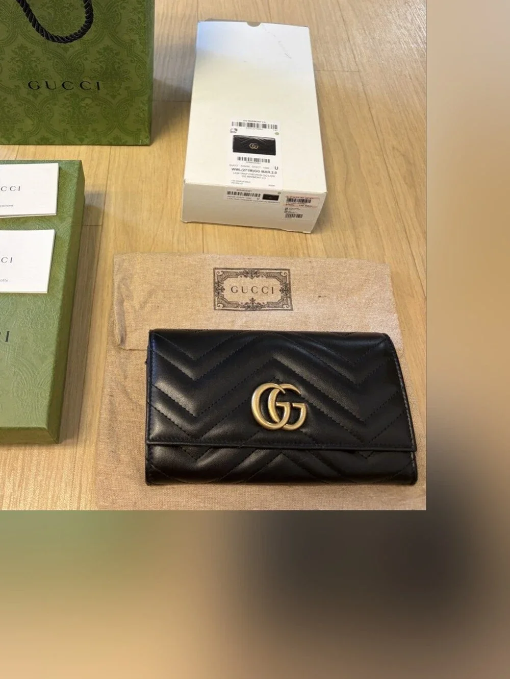 Gucci Black Chevron Quilted Leather Continental Wallet with Gold GG Logo